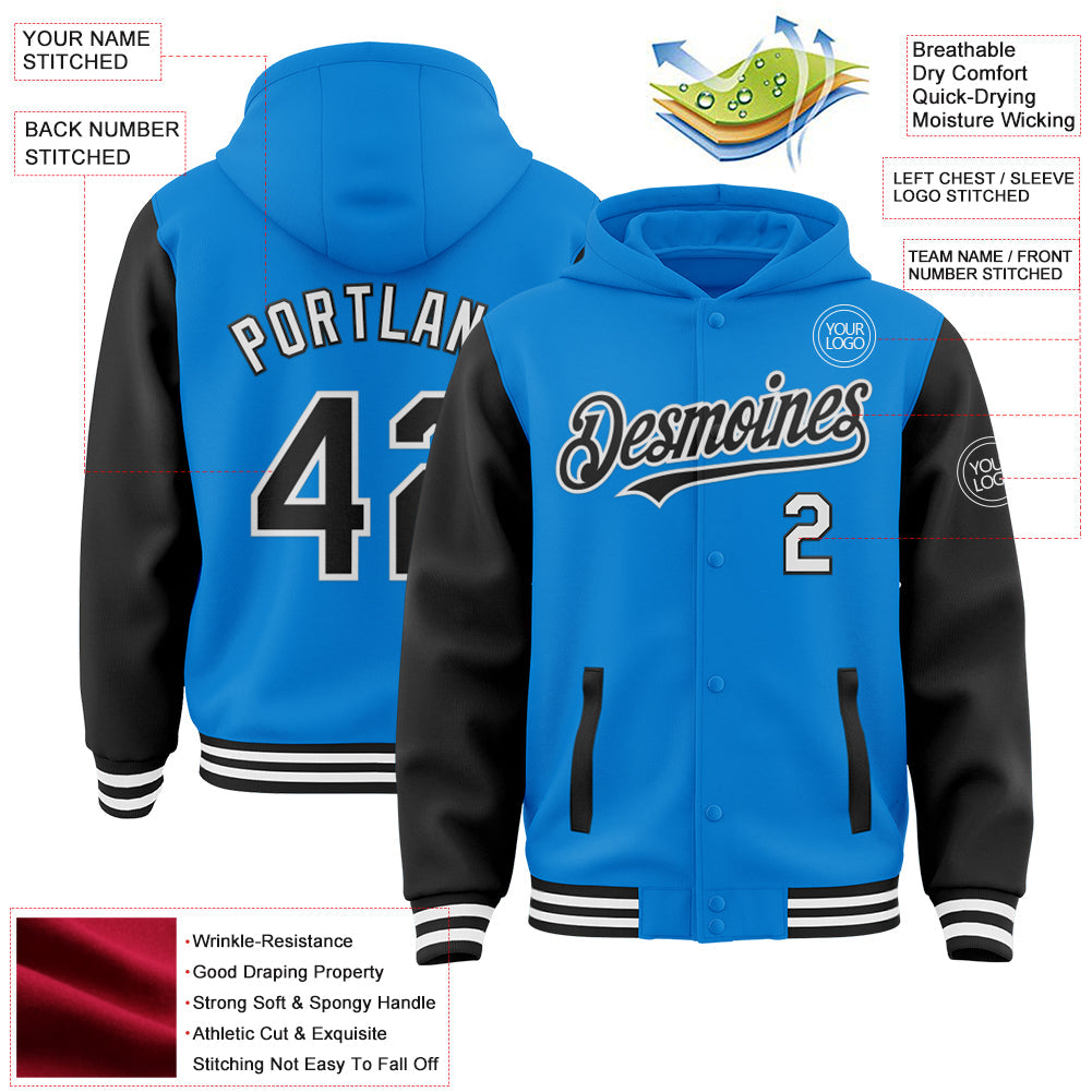 Custom Powder Blue Black-White Bomber Full-Snap Varsity Letterman Two Tone Hoodie Jacket view 3