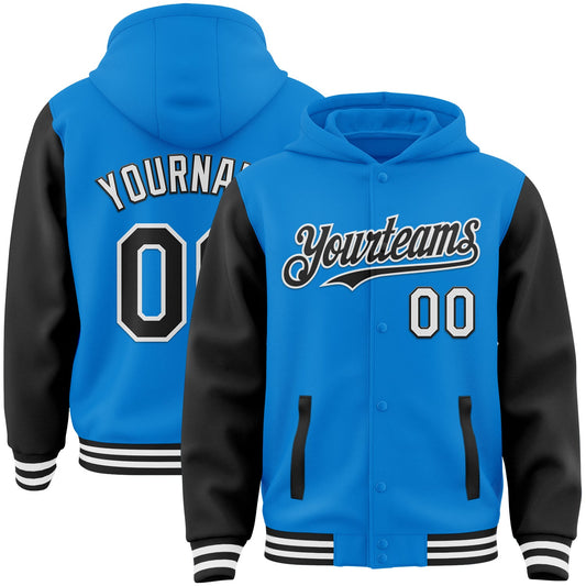 Custom Powder Blue Black-White Bomber Full-Snap Varsity Letterman Two Tone Hoodie Jacket - Main View