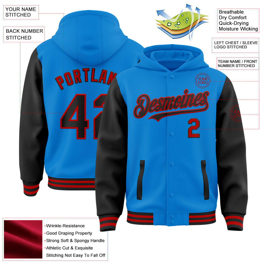 Custom Powder Blue Black-Red Bomber Full-Snap Varsity Letterman Two Tone Hoodie Jacket view 3