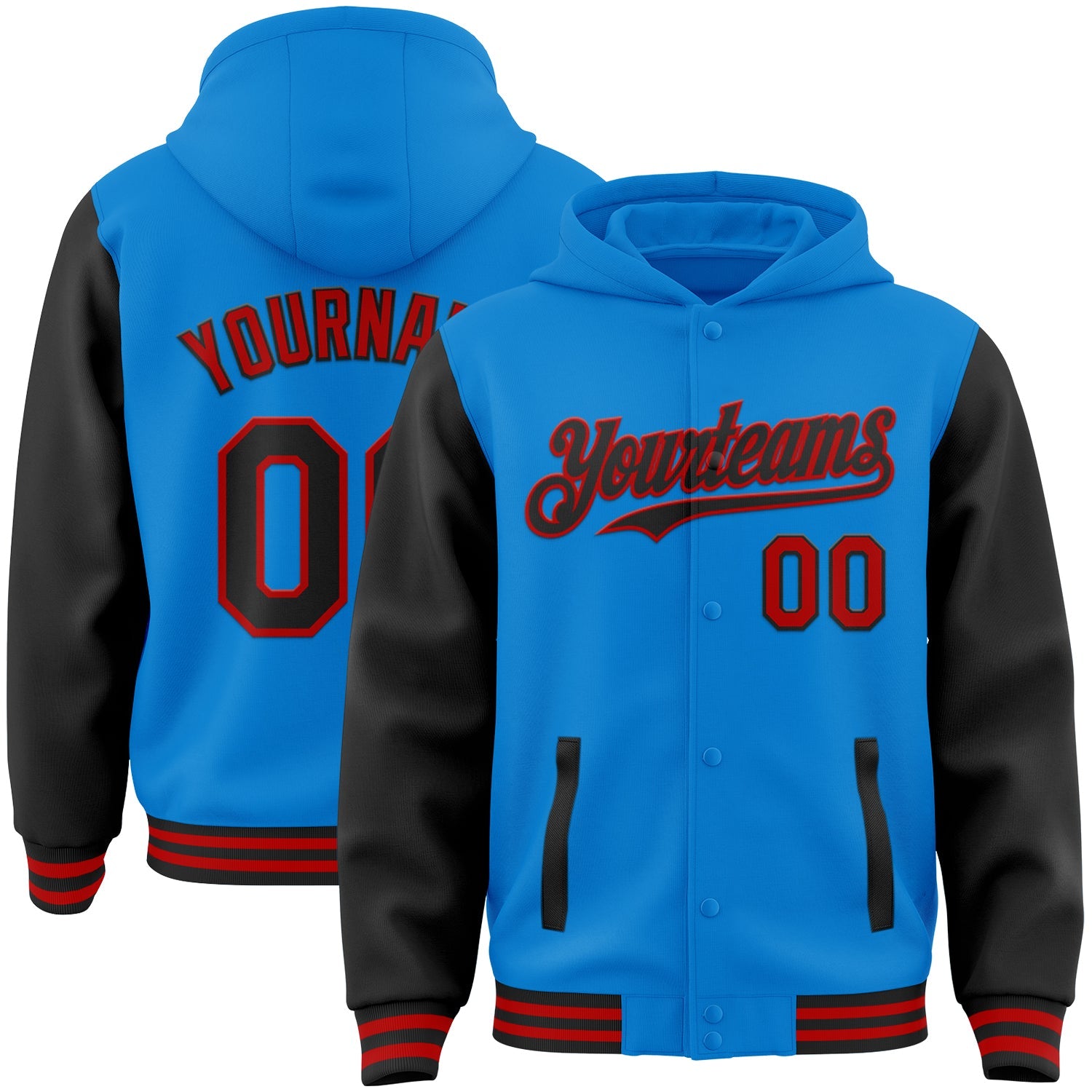 Custom Powder Blue Black-Red Bomber Full-Snap Varsity Letterman Two Tone Hoodie Jacket - Main View