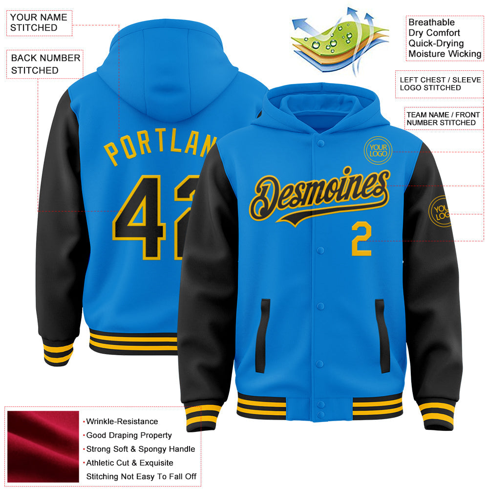 Custom Powder Blue Black-Gold Bomber Full-Snap Varsity Letterman Two Tone Hoodie Jacket view 3