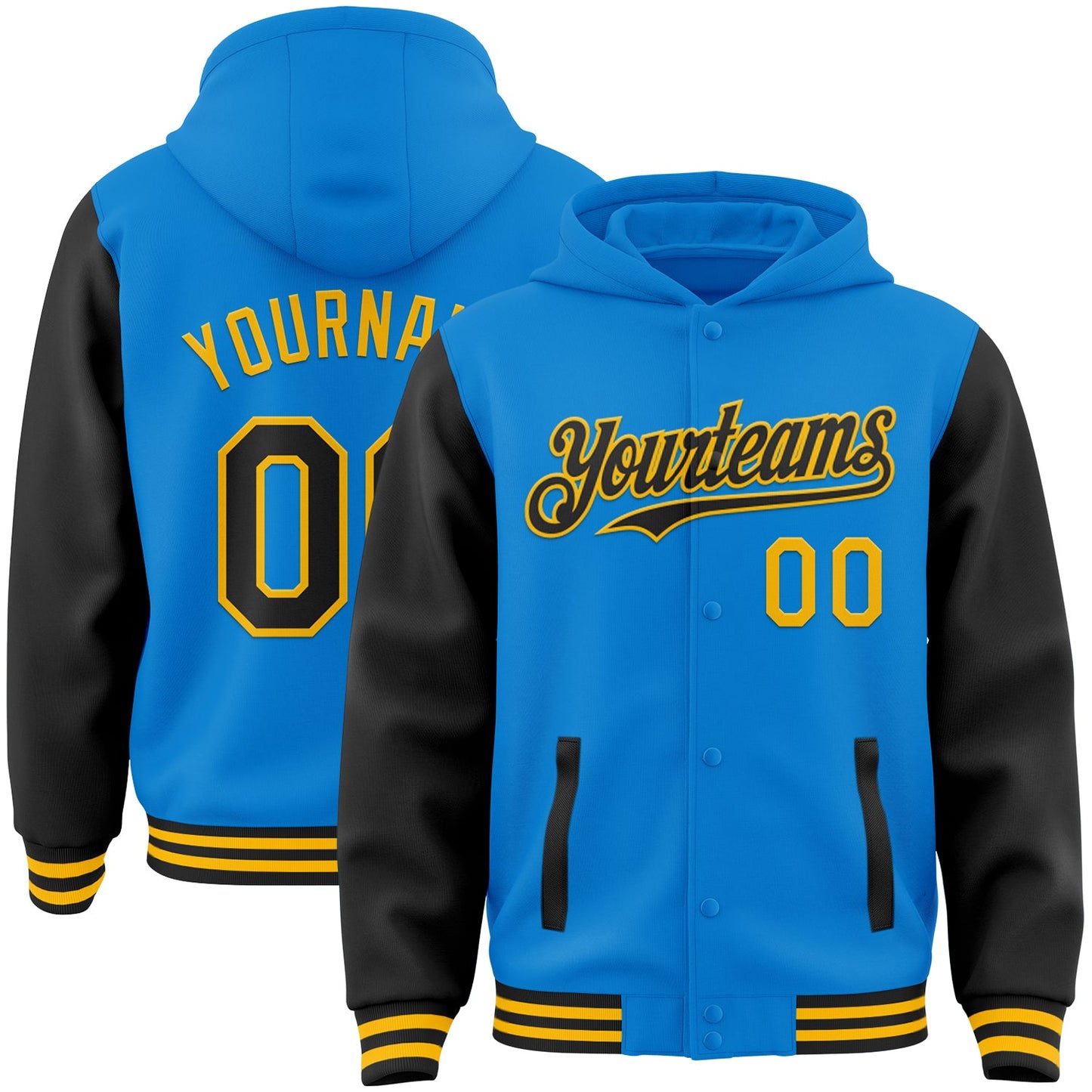 Custom Powder Blue Black-Gold Bomber Full-Snap Varsity Letterman Two Tone Hoodie Jacket - Main View