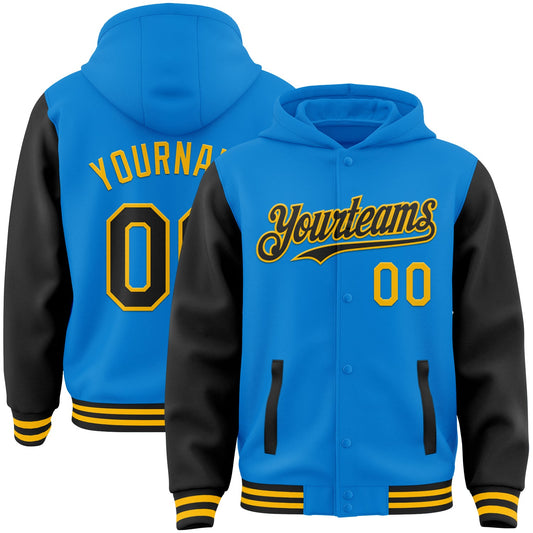 Custom Powder Blue Black-Gold Bomber Full-Snap Varsity Letterman Two Tone Hoodie Jacket - Main View