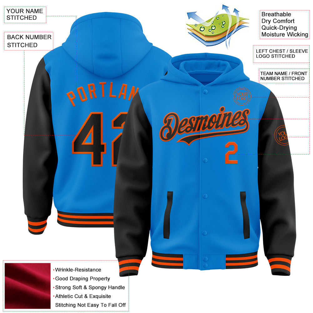 Custom Powder Blue Black-Orange Bomber Full-Snap Varsity Letterman Two Tone Hoodie Jacket view 3