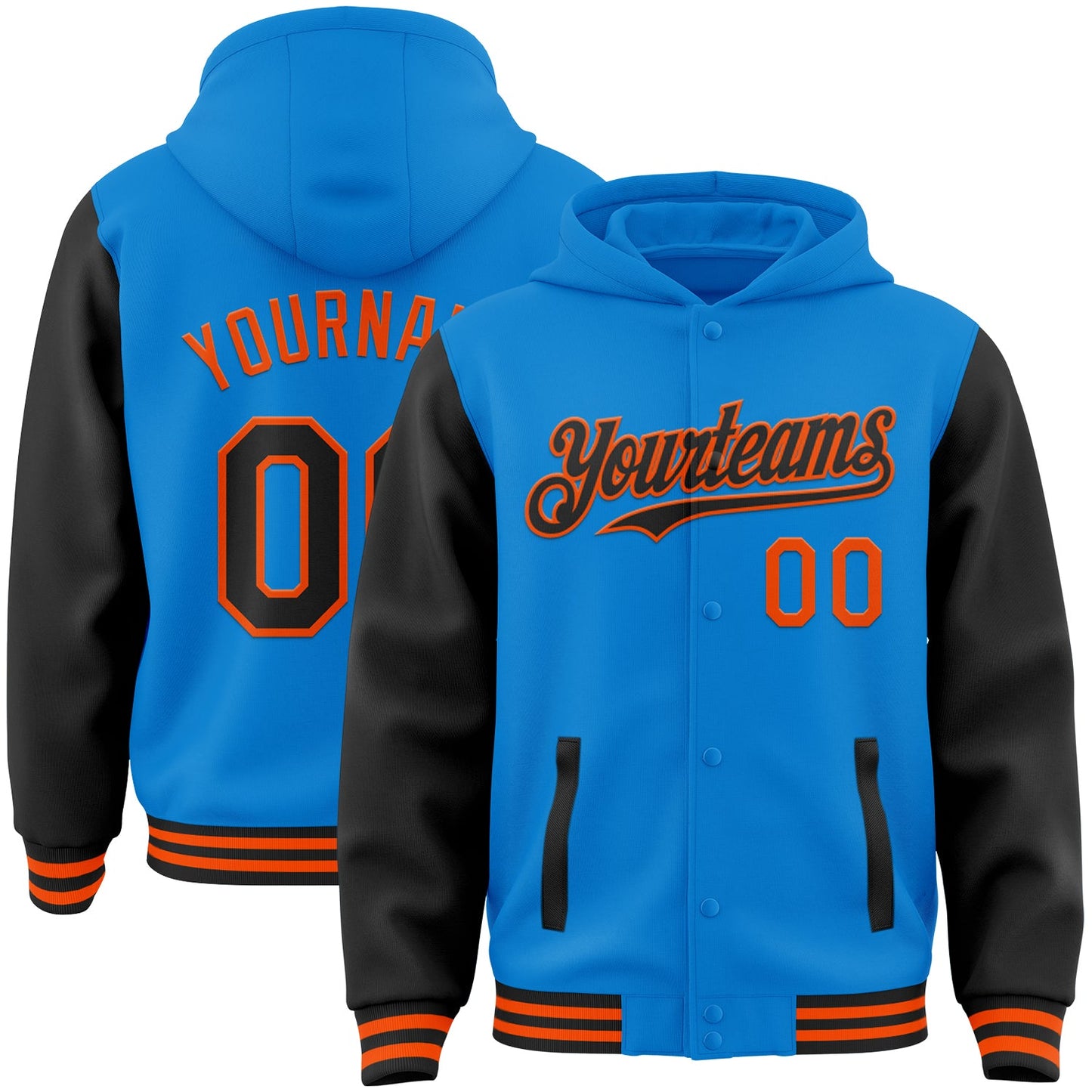 Custom Powder Blue Black-Orange Bomber Full-Snap Varsity Letterman Two Tone Hoodie Jacket - Main View