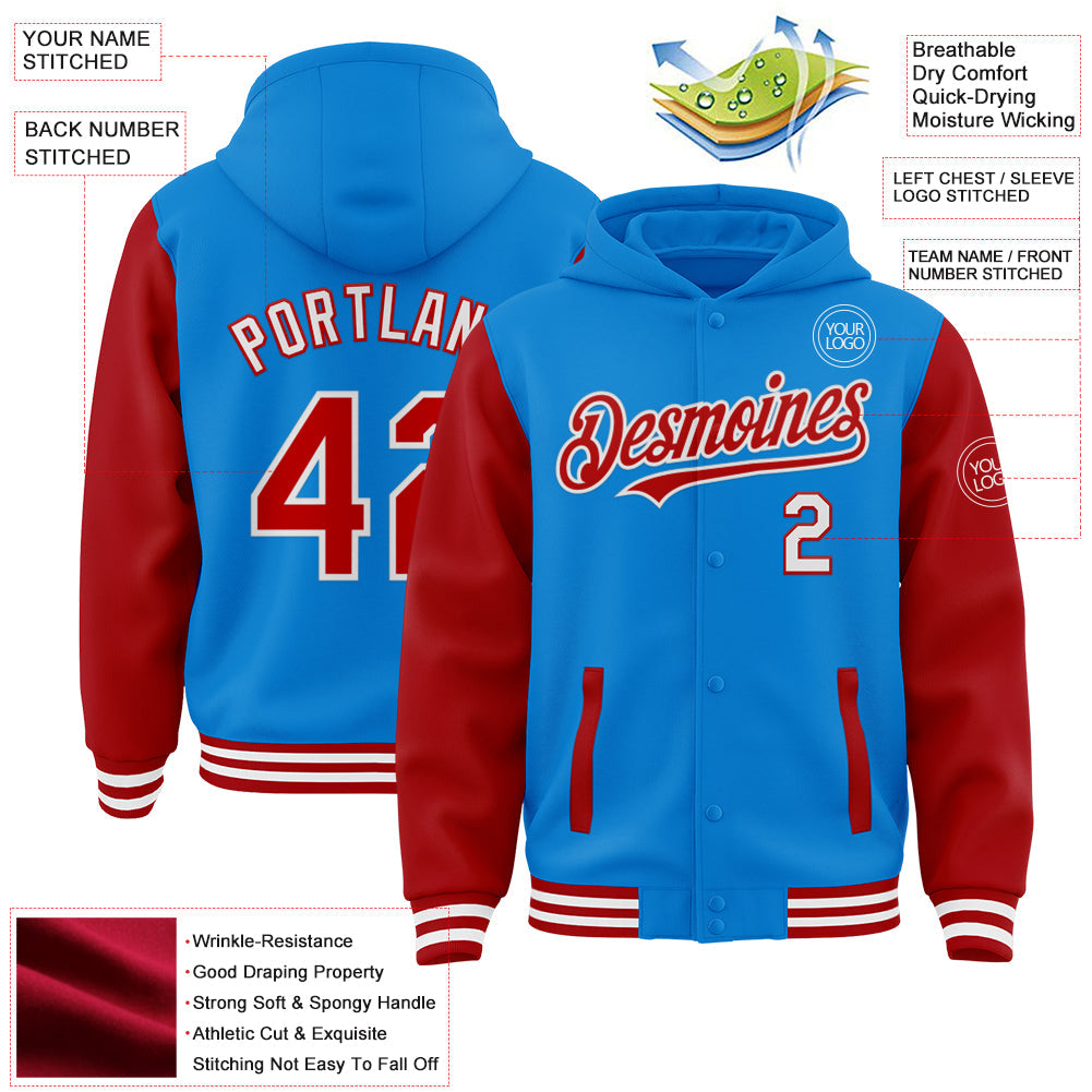 Custom Powder Blue Red-White Bomber Full-Snap Varsity Letterman Two Tone Hoodie Jacket view 3