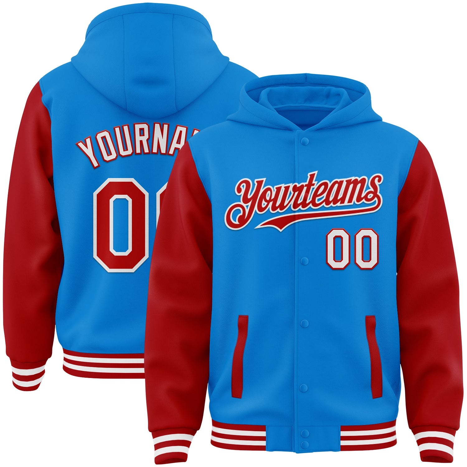 Custom Powder Blue Red-White Bomber Full-Snap Varsity Letterman Two Tone Hoodie Jacket - Main View