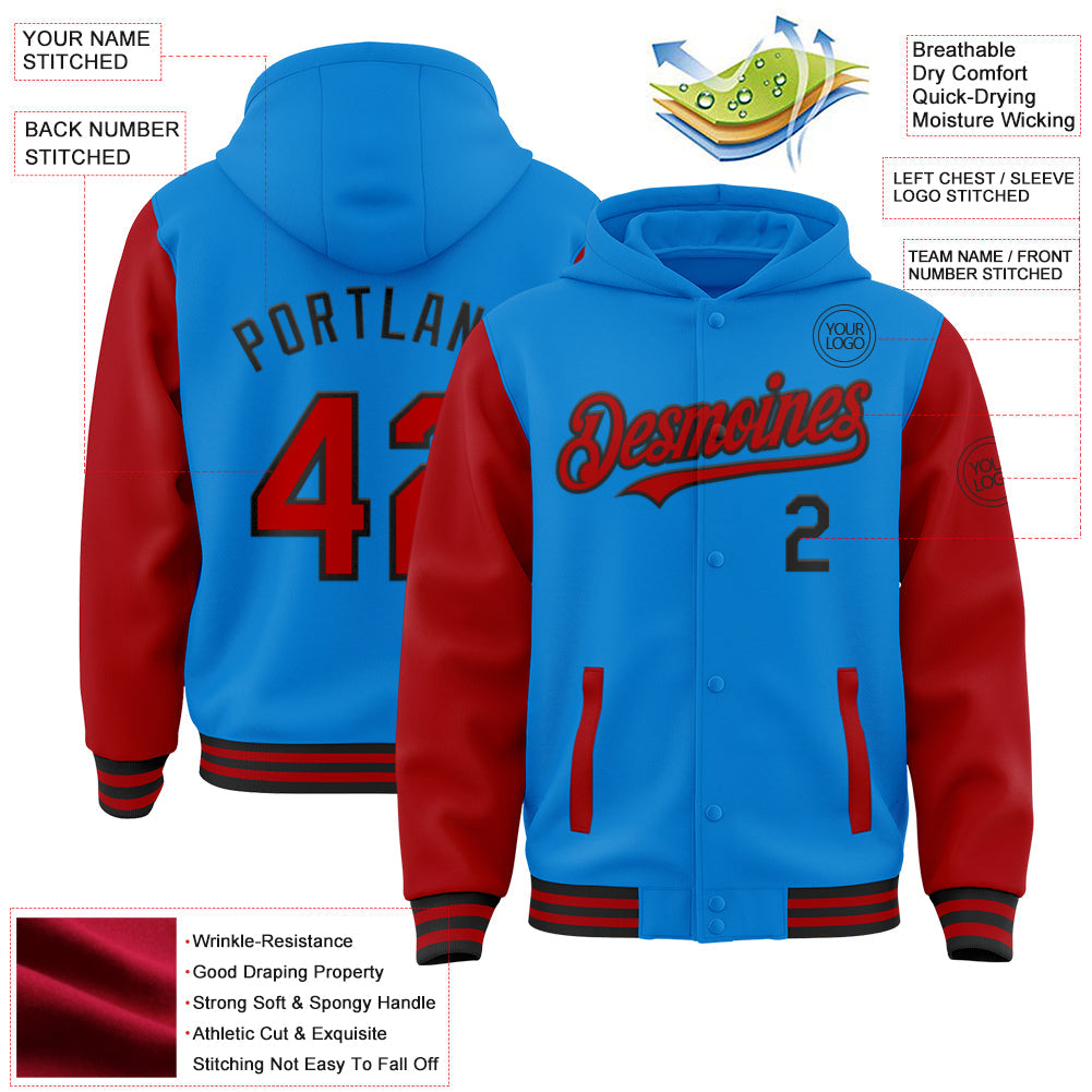 Custom Powder Blue Red-Black Bomber Full-Snap Varsity Letterman Two Tone Hoodie Jacket view 3
