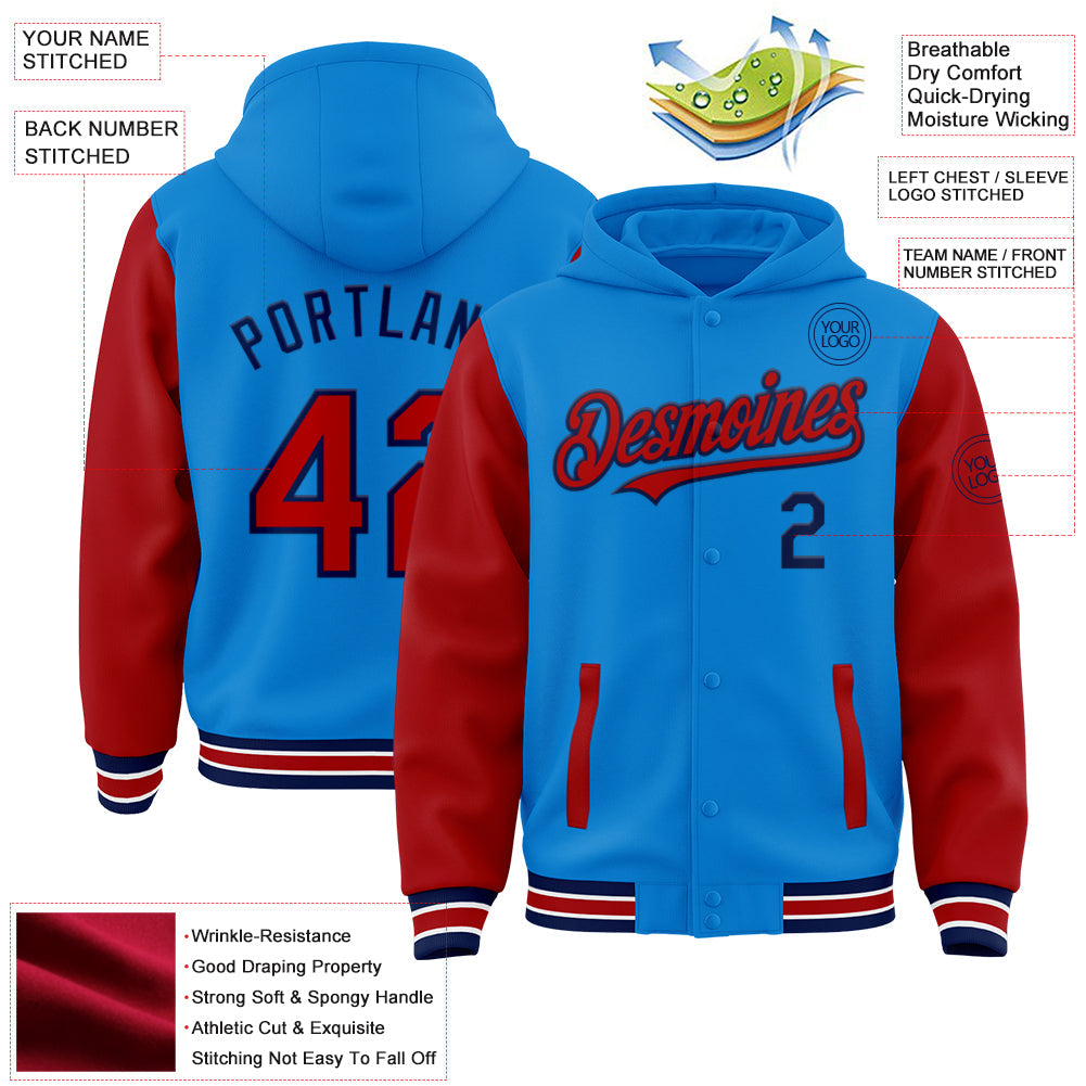 Custom Powder Blue Red-Navy Bomber Full-Snap Varsity Letterman Two Tone Hoodie Jacket view 3