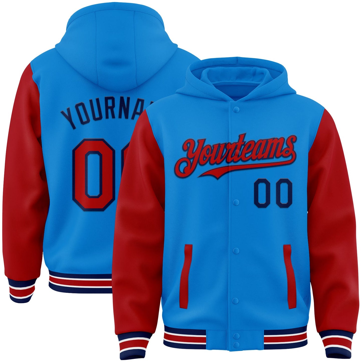 Custom Powder Blue Red-Navy Bomber Full-Snap Varsity Letterman Two Tone Hoodie Jacket - Main View