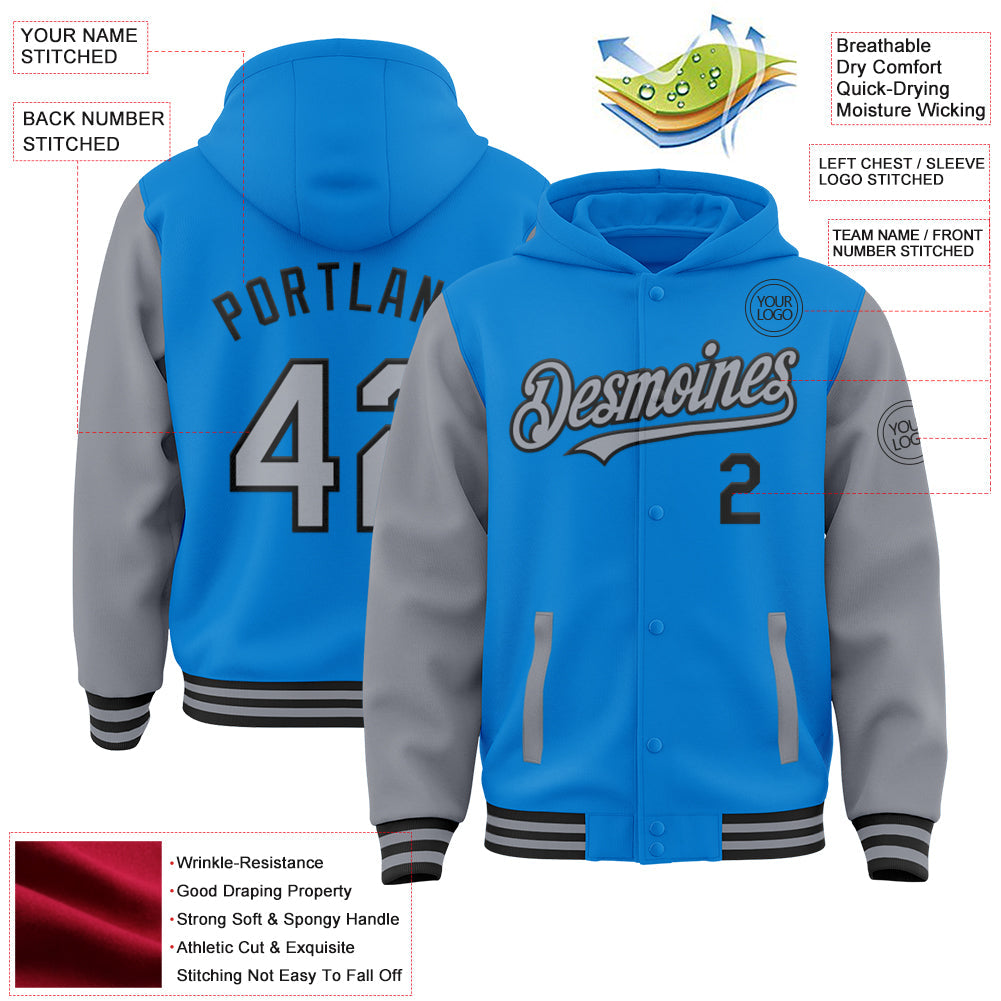 Custom Powder Blue Gray-Black Bomber Full-Snap Varsity Letterman Two Tone Hoodie Jacket view 3