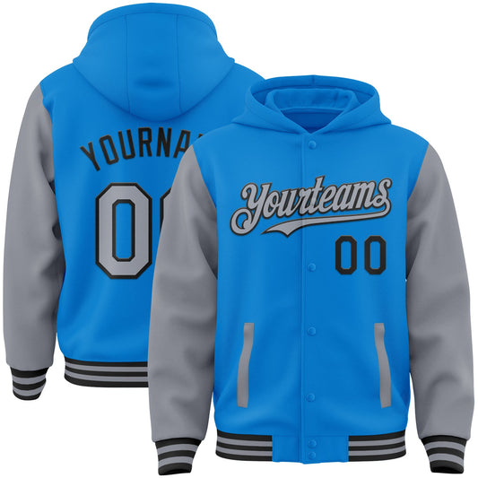 Custom Powder Blue Gray-Black Bomber Full-Snap Varsity Letterman Two Tone Hoodie Jacket - Main View