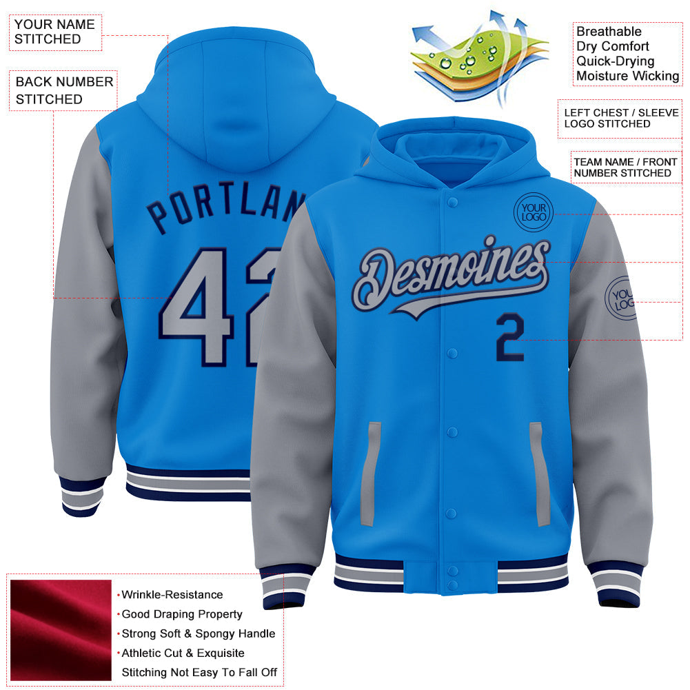 Custom Powder Blue Gray-Navy Bomber Full-Snap Varsity Letterman Two Tone Hoodie Jacket view 3