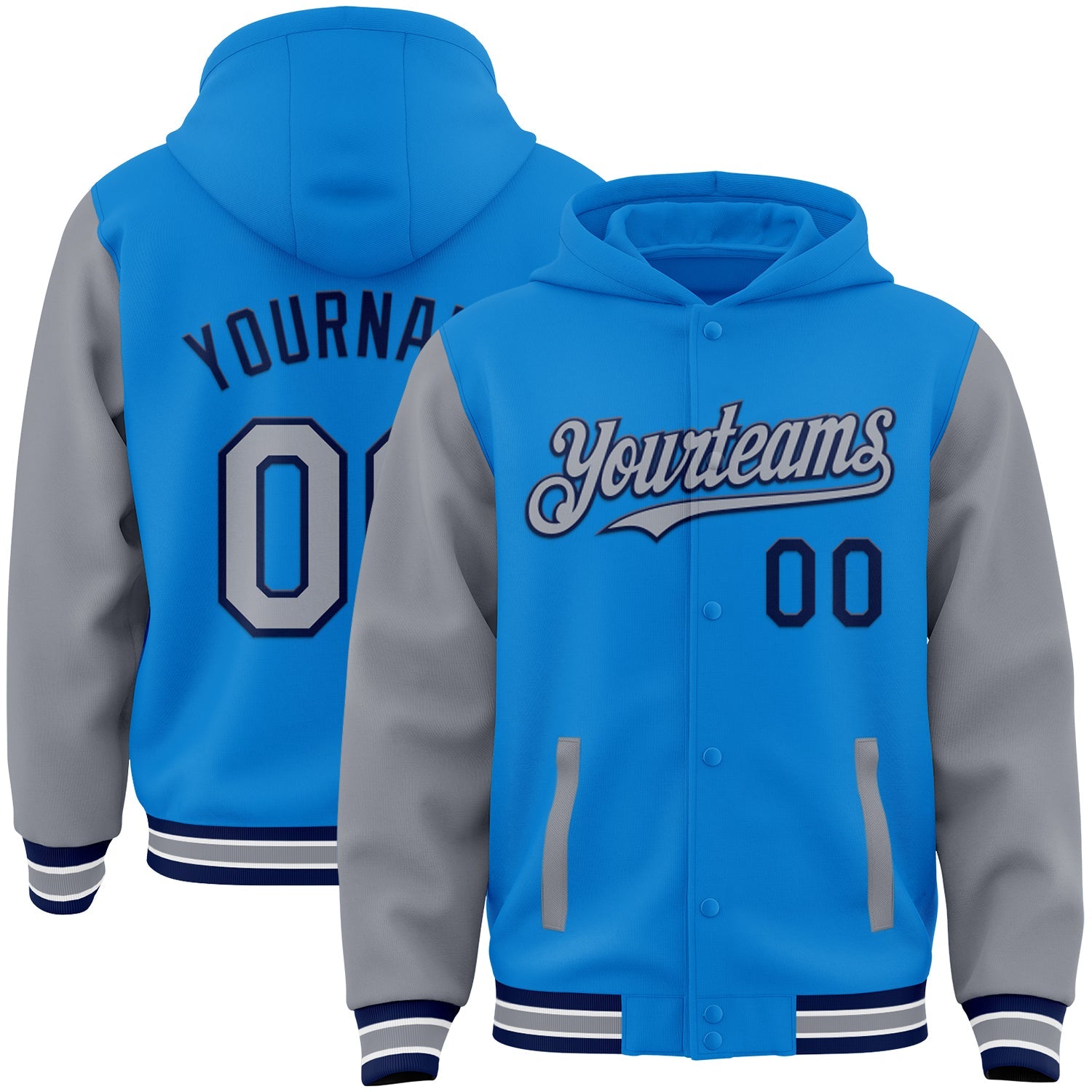 Custom Powder Blue Gray-Navy Bomber Full-Snap Varsity Letterman Two Tone Hoodie Jacket - Main View