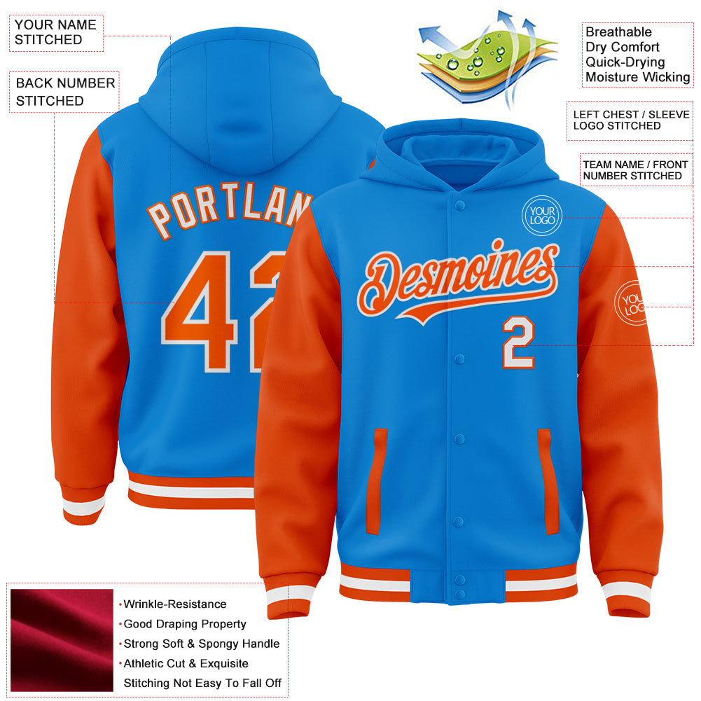 Custom Powder Blue Orange-White Bomber Full-Snap Varsity Letterman Two Tone Hoodie Jacket view 3
