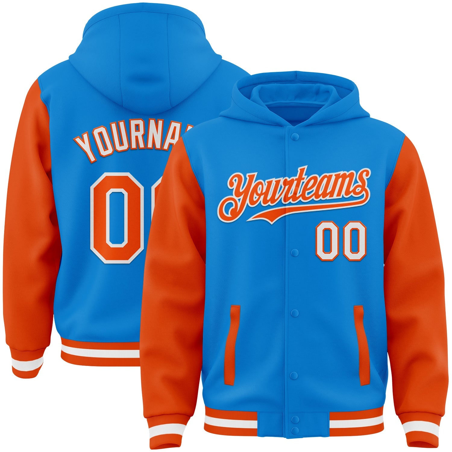 Custom Powder Blue Orange-White Bomber Full-Snap Varsity Letterman Two Tone Hoodie Jacket - Main View