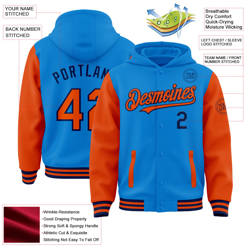 Custom Powder Blue Orange-Navy Bomber Full-Snap Varsity Letterman Two Tone Hoodie Jacket view 3