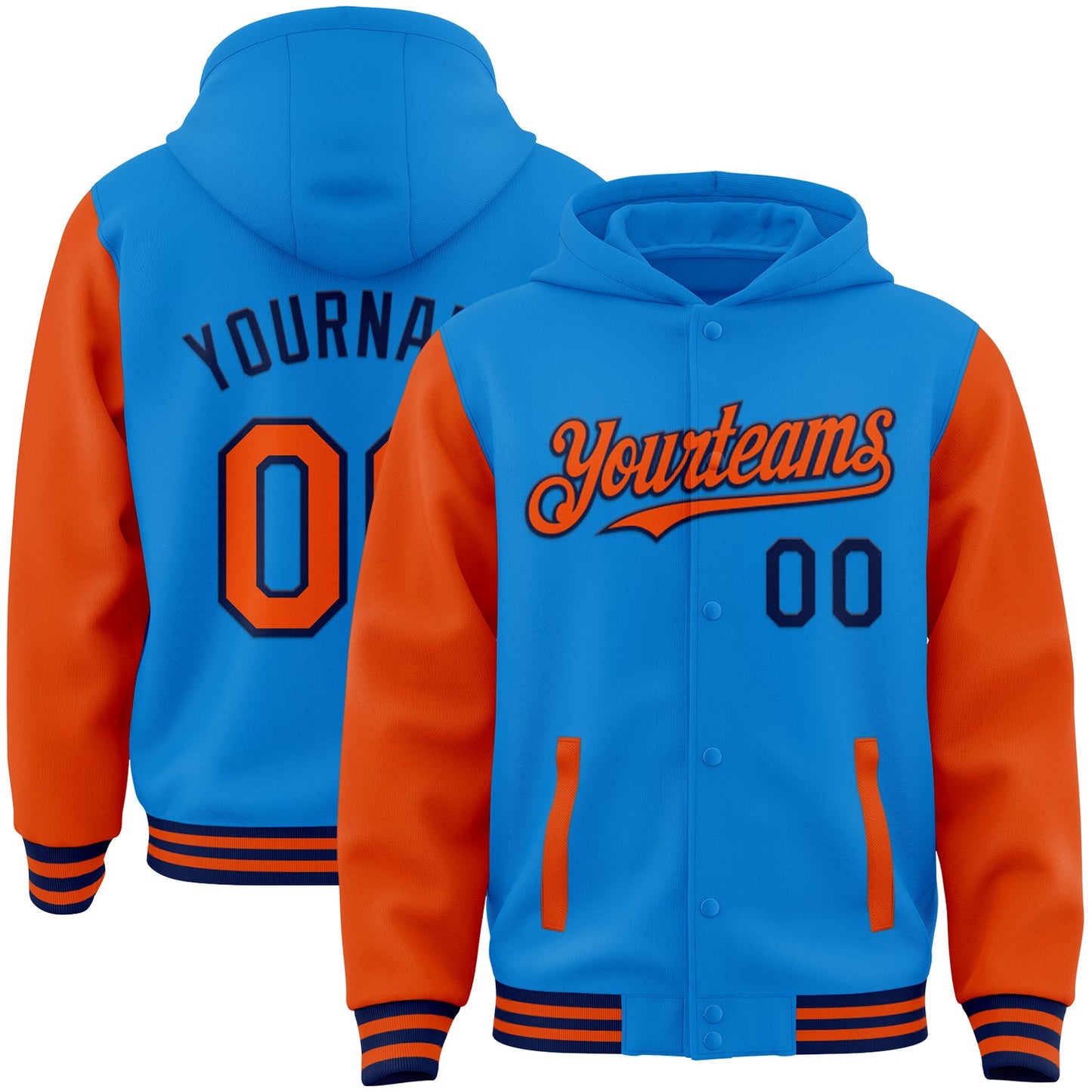 Custom Powder Blue Orange-Navy Bomber Full-Snap Varsity Letterman Two Tone Hoodie Jacket - Main View