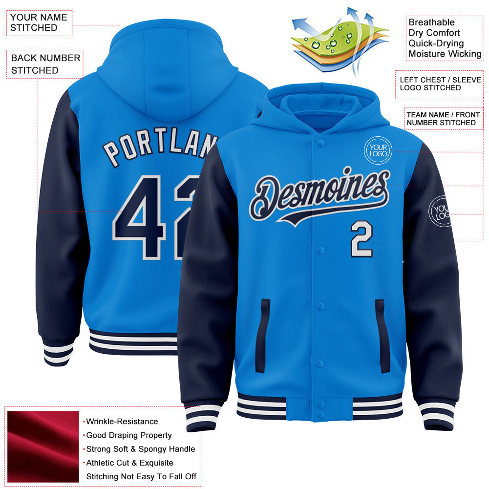 Custom Powder Blue Navy-White Bomber Full-Snap Varsity Letterman Two Tone Hoodie Jacket view 3