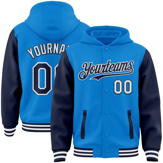 Custom Powder Blue Navy-White Bomber Full-Snap Varsity Letterman Two Tone Hoodie Jacket - Main View