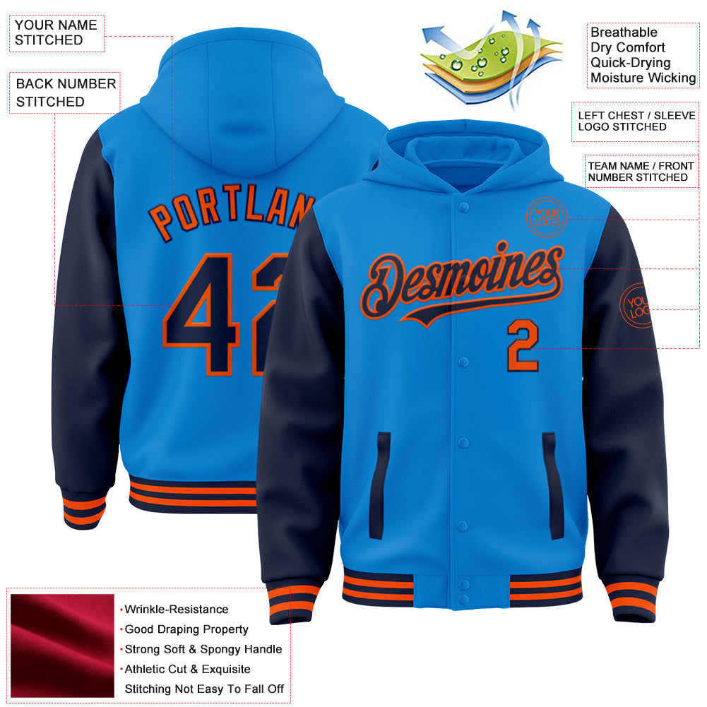 Custom Powder Blue Navy-Orange Bomber Full-Snap Varsity Letterman Two Tone Hoodie Jacket view 3