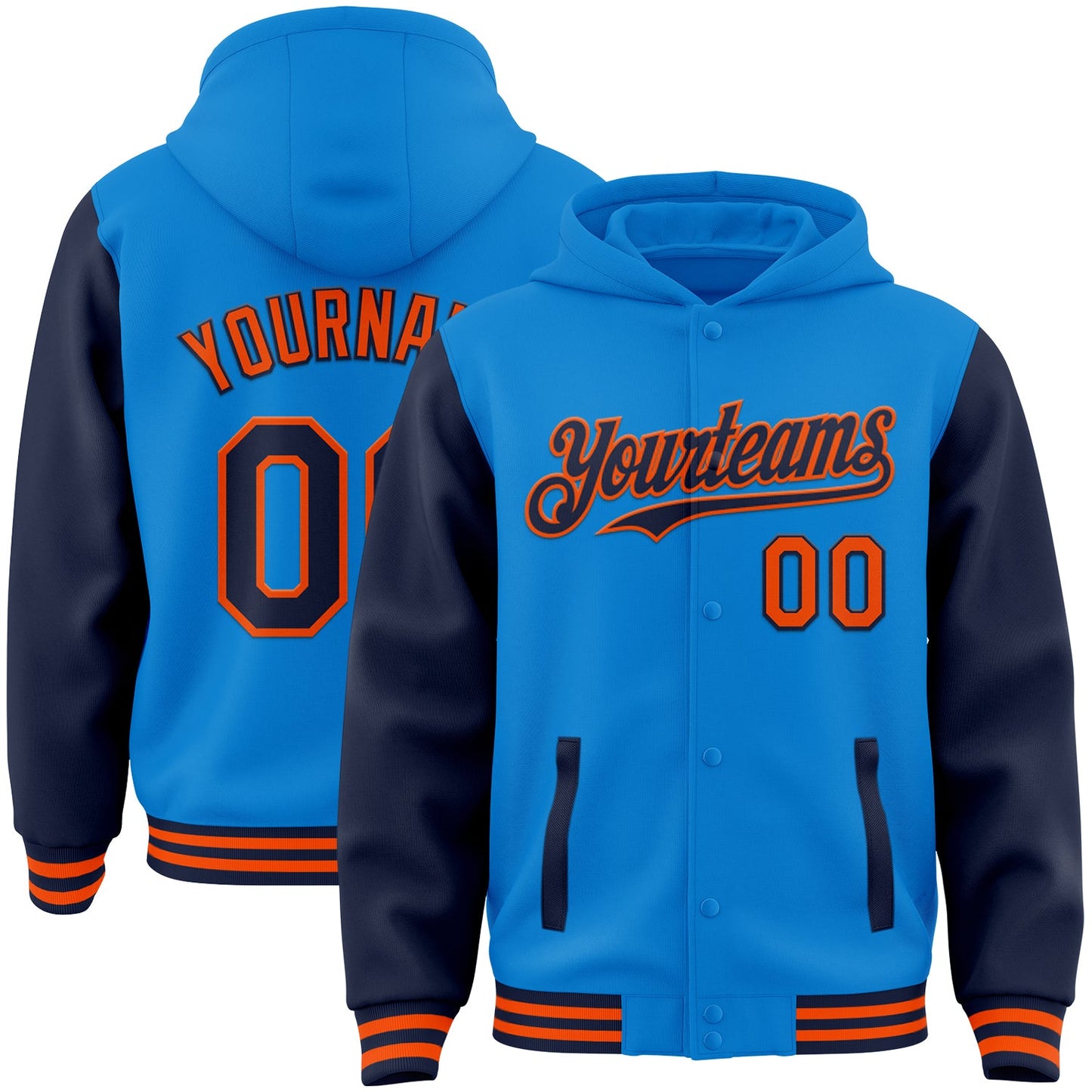 Custom Powder Blue Navy-Orange Bomber Full-Snap Varsity Letterman Two Tone Hoodie Jacket - Main View