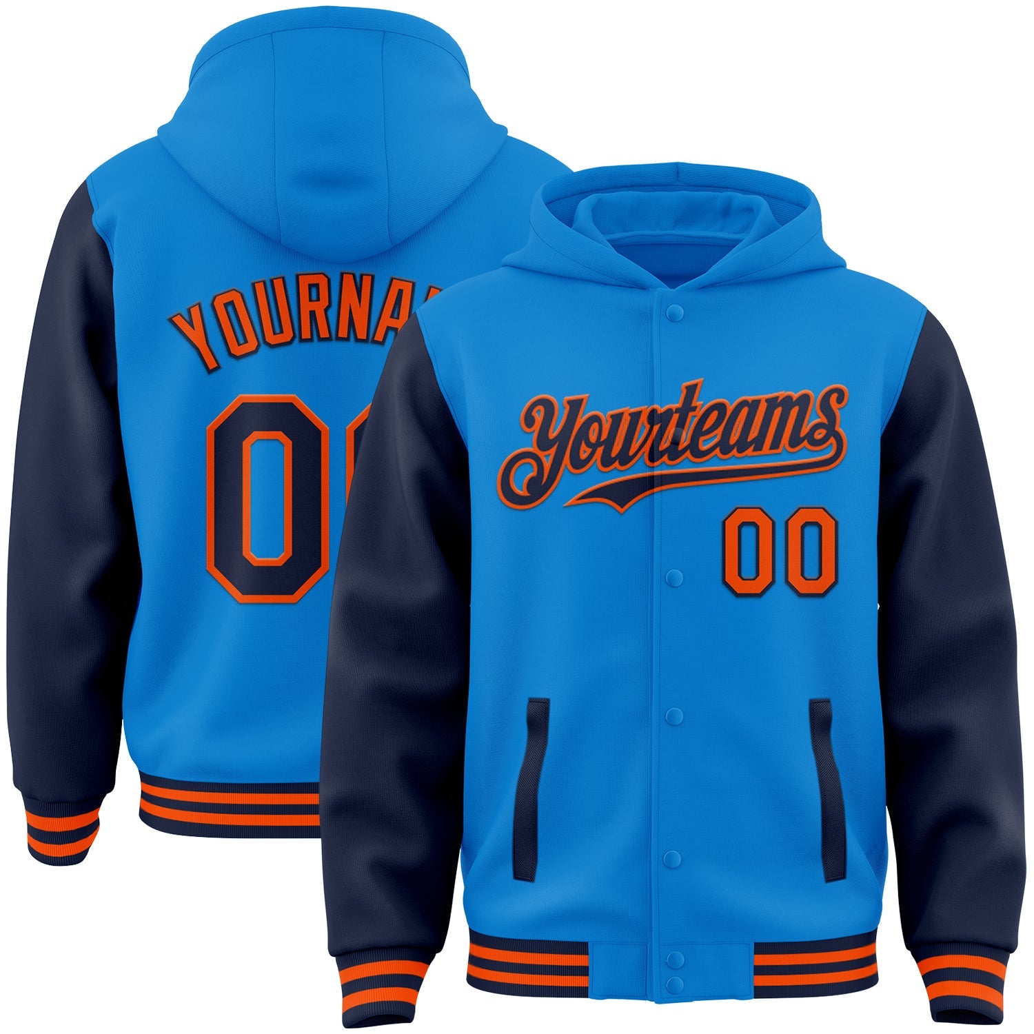 Custom Powder Blue Navy-Orange Bomber Full-Snap Varsity Letterman Two Tone Hoodie Jacket - Main View