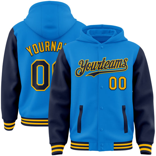 Custom Powder Blue Navy-Gold Bomber Full-Snap Varsity Letterman Two Tone Hoodie Jacket - Main View