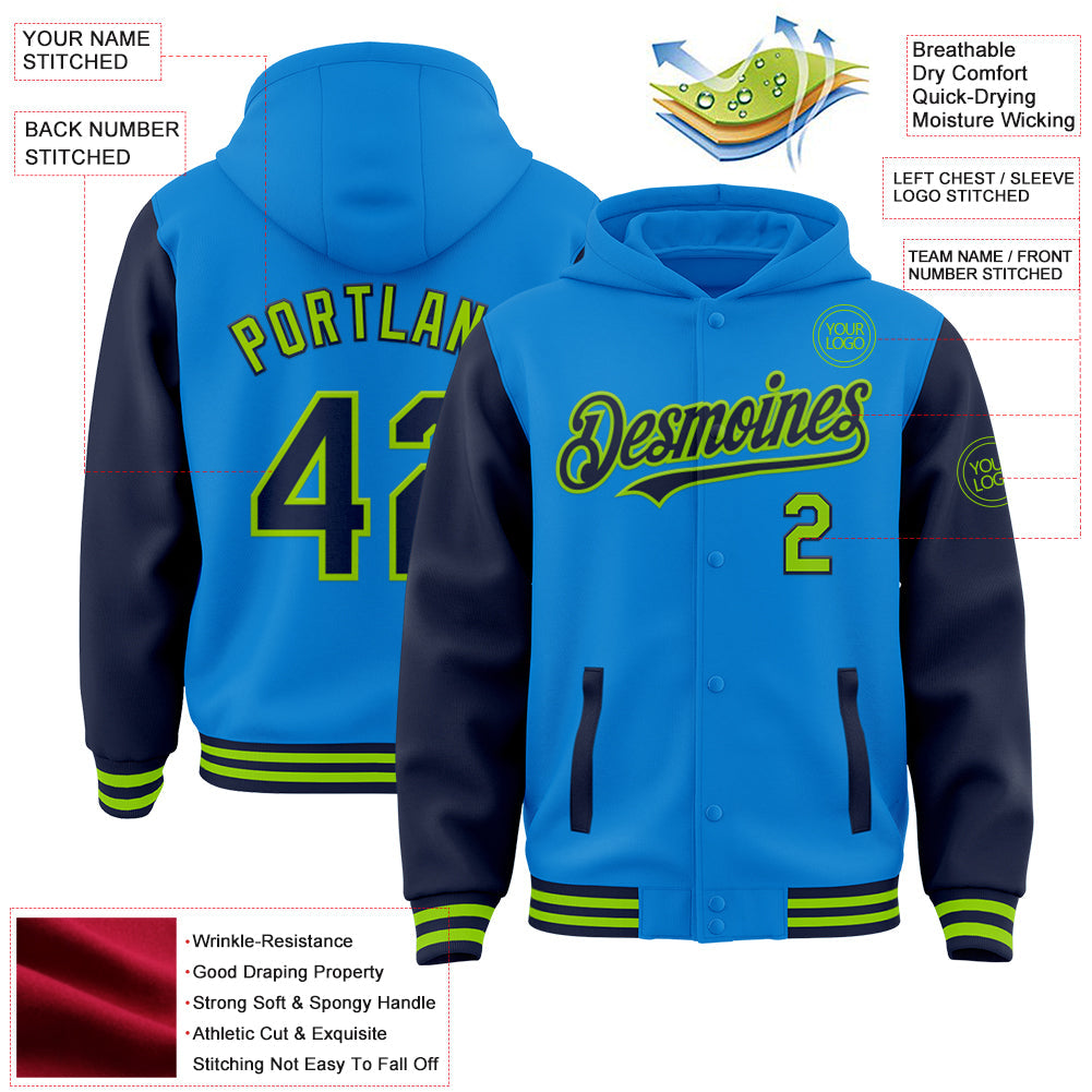 Custom Powder Blue Navy-Neon Green Bomber Full-Snap Varsity Letterman Two Tone Hoodie Jacket view 3