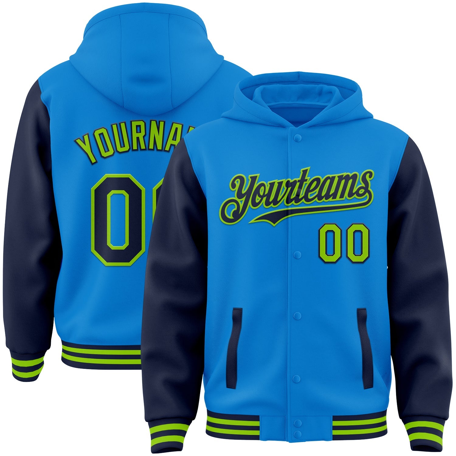Custom Powder Blue Navy-Neon Green Bomber Full-Snap Varsity Letterman Two Tone Hoodie Jacket - Main View