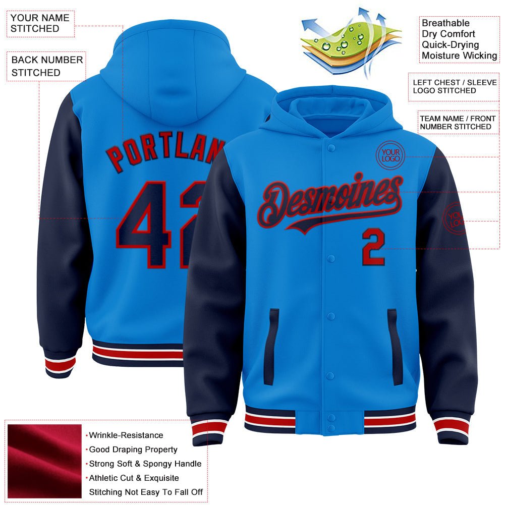 Custom Powder Blue Navy-Red Bomber Full-Snap Varsity Letterman Two Tone Hoodie Jacket view 3