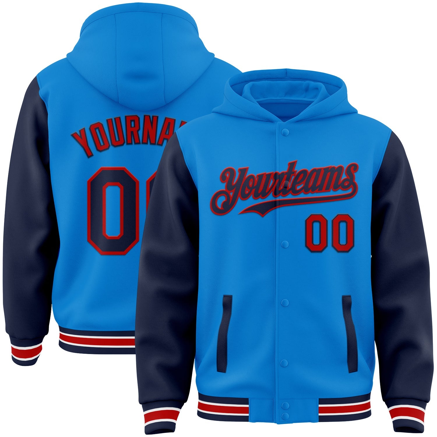 Custom Powder Blue Navy-Red Bomber Full-Snap Varsity Letterman Two Tone Hoodie Jacket - Main View