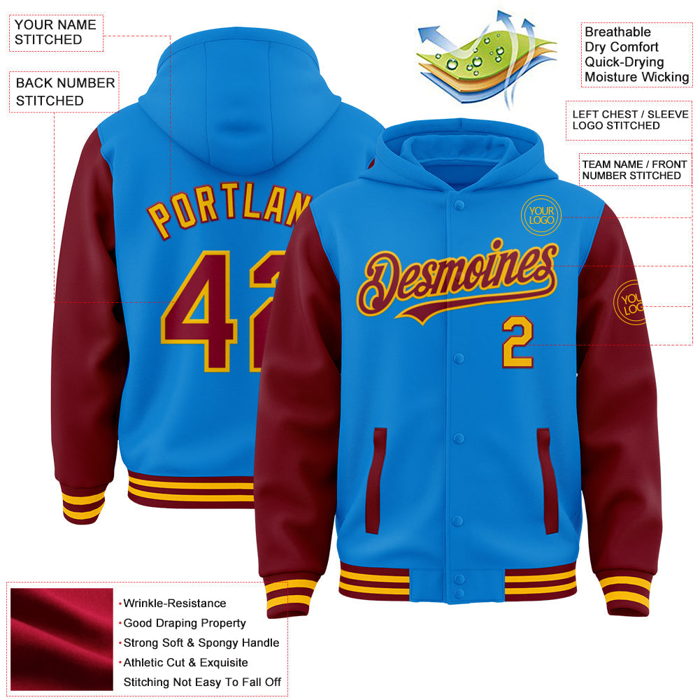 Custom Powder Blue Crimson-Gold Bomber Full-Snap Varsity Letterman Two Tone Hoodie Jacket view 3