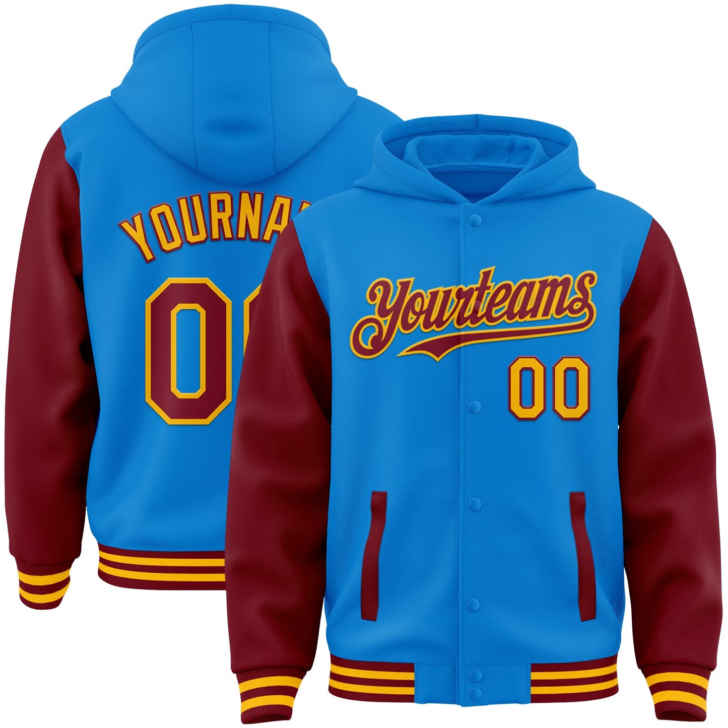 Custom Powder Blue Crimson-Gold Bomber Full-Snap Varsity Letterman Two Tone Hoodie Jacket - Main View