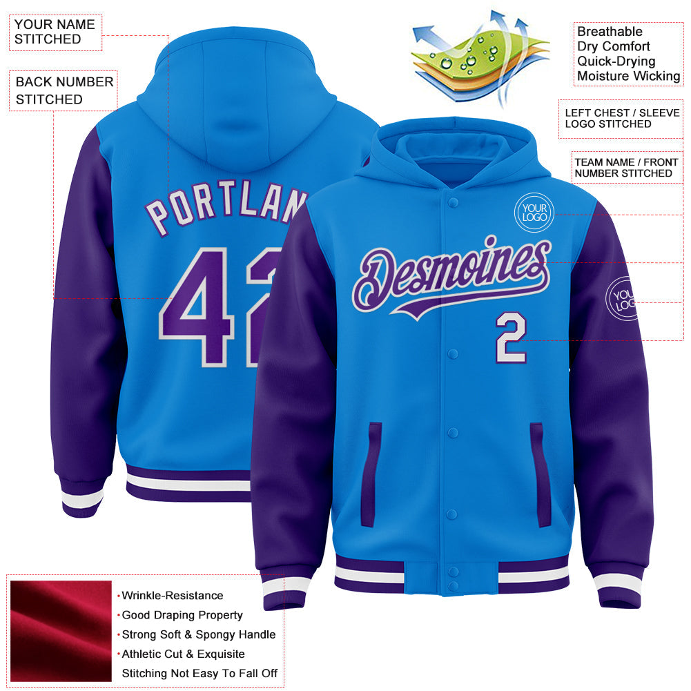 Custom Powder Blue Purple-White Bomber Full-Snap Varsity Letterman Two Tone Hoodie Jacket view 3