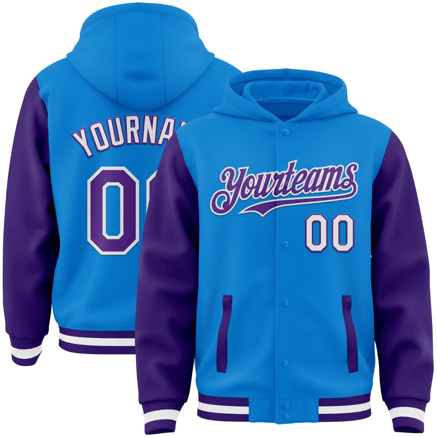 Custom Powder Blue Purple-White Bomber Full-Snap Varsity Letterman Two Tone Hoodie Jacket - Main View