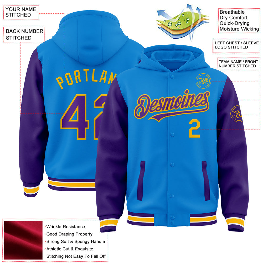 Custom Powder Blue Purple-Gold Bomber Full-Snap Varsity Letterman Two Tone Hoodie Jacket view 3