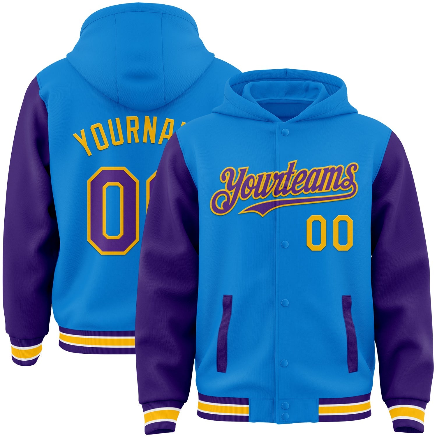 Custom Powder Blue Purple-Gold Bomber Full-Snap Varsity Letterman Two Tone Hoodie Jacket - Main View