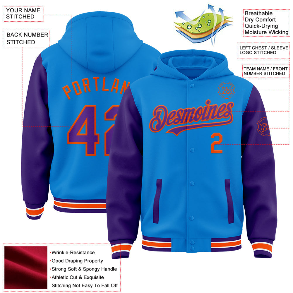 Custom Powder Blue Purple-Orange Bomber Full-Snap Varsity Letterman Two Tone Hoodie Jacket view 3