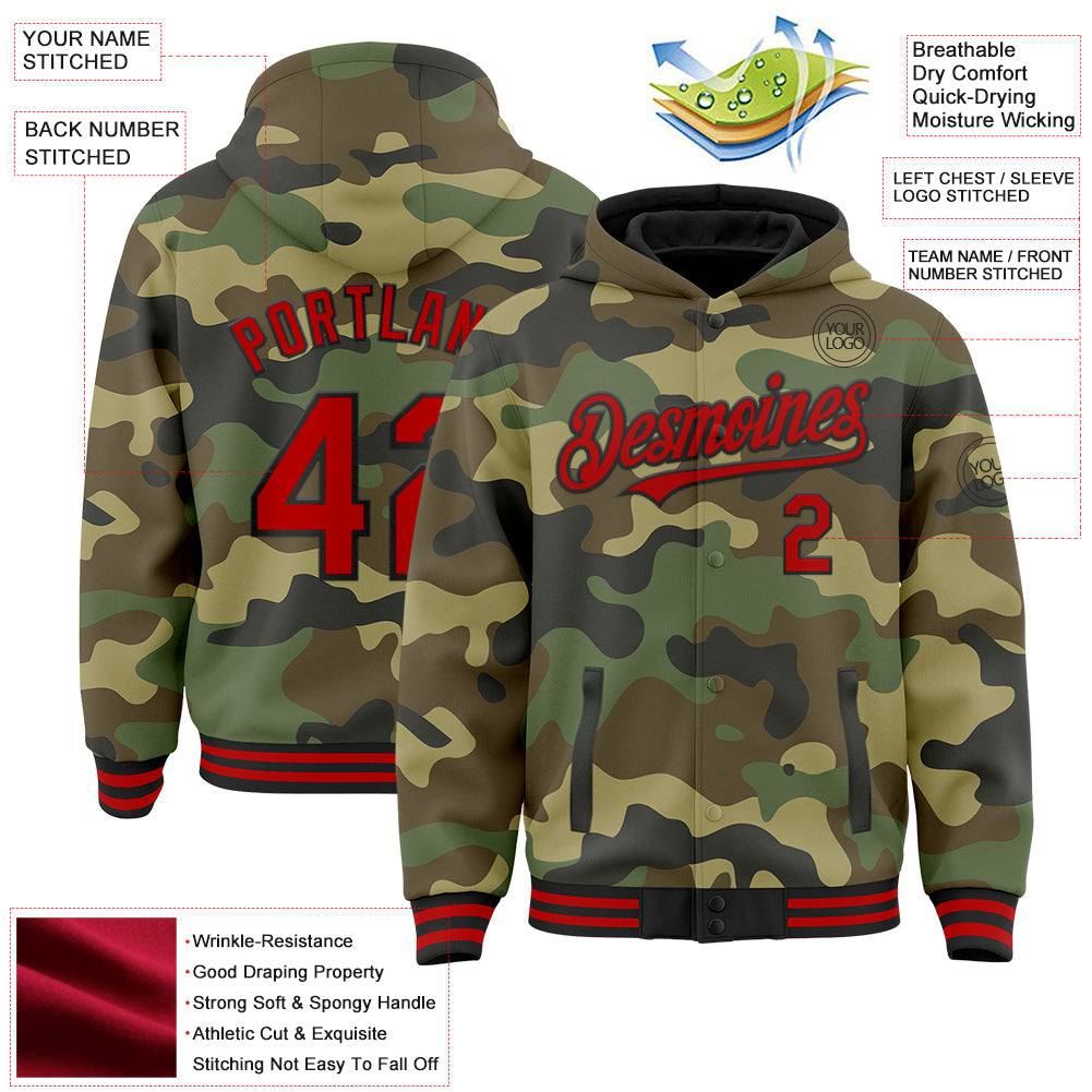 Custom Camo Red-Black Bomber Full-Snap Varsity Letterman Salute To Service Hoodie Jacket view 3