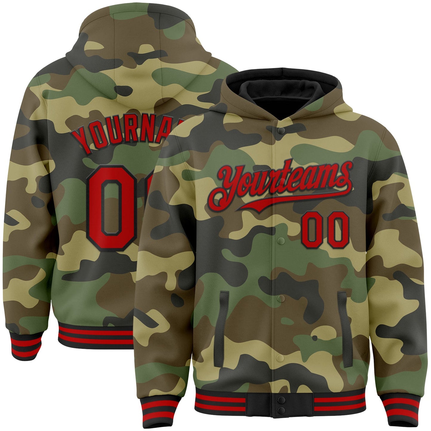 Custom Camo Red-Black Bomber Full-Snap Varsity Letterman Salute To Service Hoodie Jacket - Main View