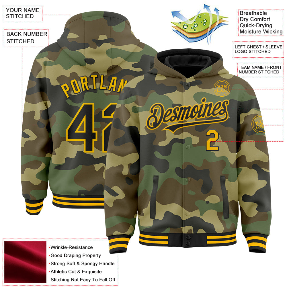 Custom Camo Black-Gold Bomber Full-Snap Varsity Letterman Salute To Service Hoodie Jacket view 3