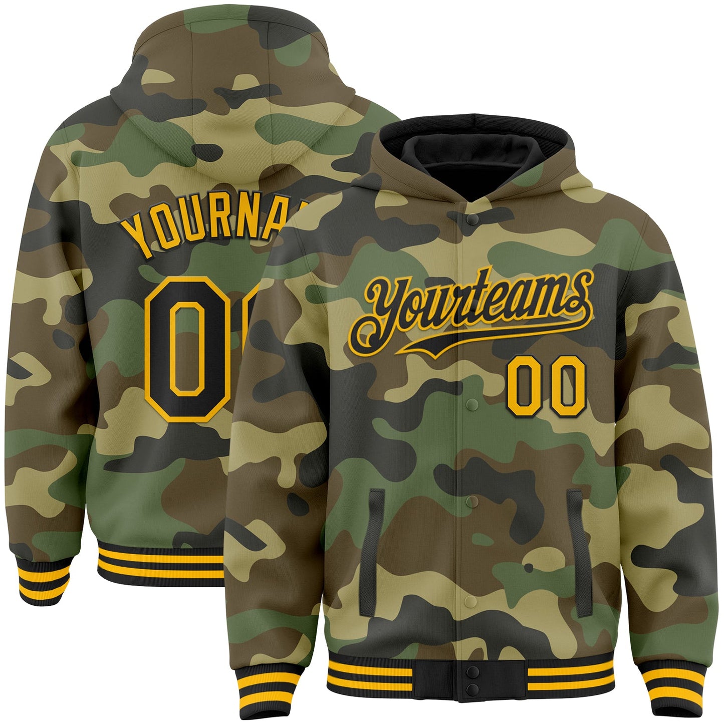 Custom Camo Black-Gold Bomber Full-Snap Varsity Letterman Salute To Service Hoodie Jacket - Main View
