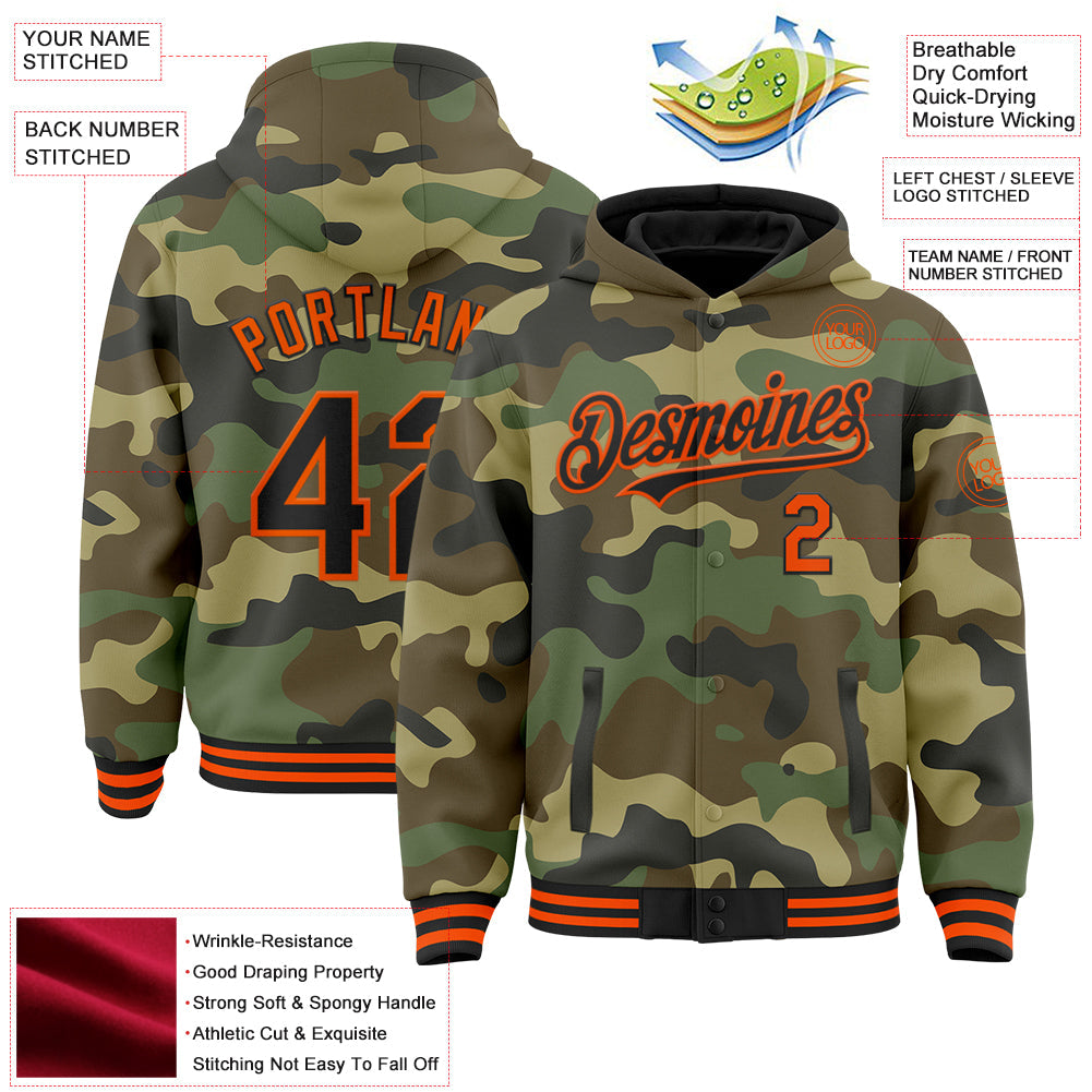 Custom Camo Black-Orange Bomber Full-Snap Varsity Letterman Salute To Service Hoodie Jacket view 3