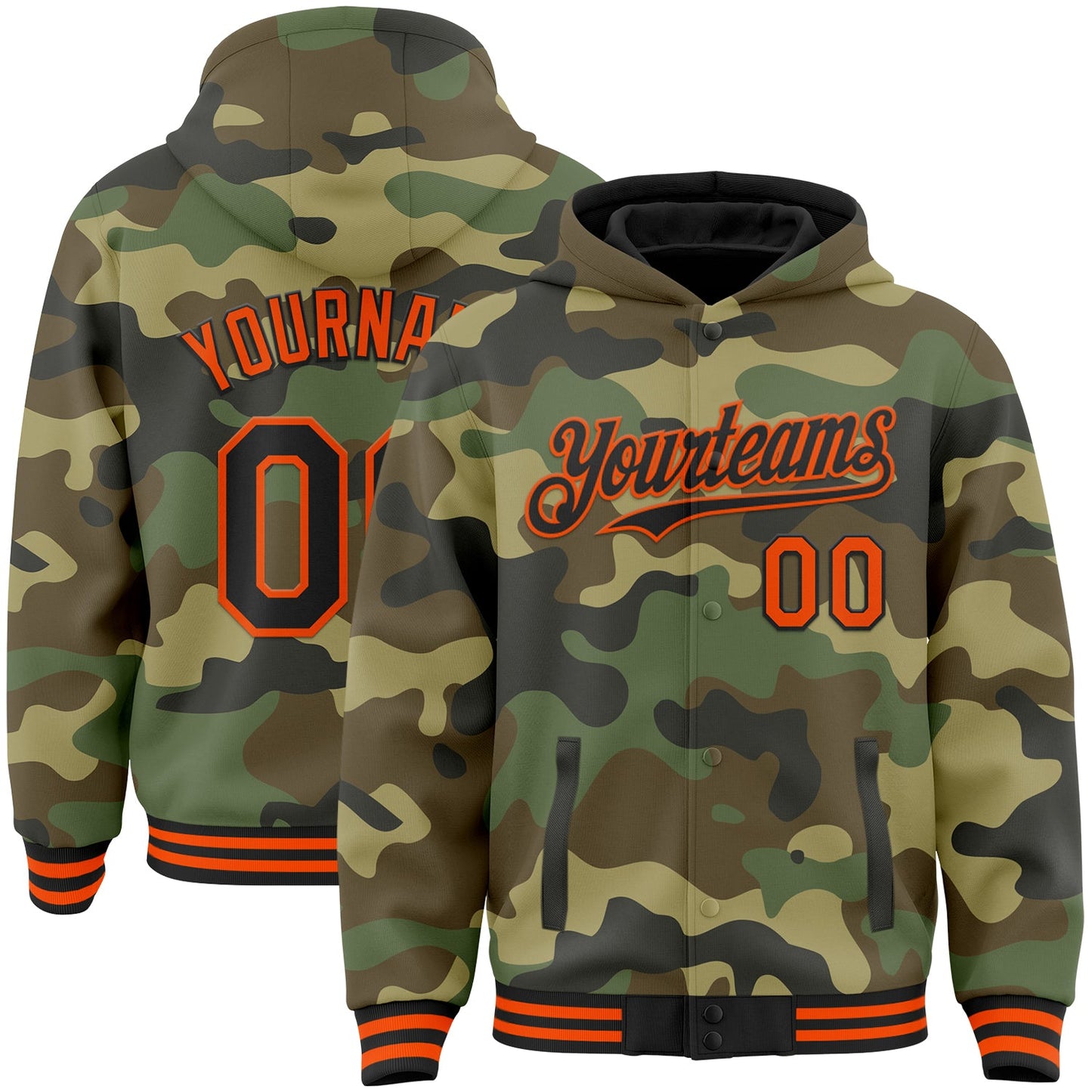 Custom Camo Black-Orange Bomber Full-Snap Varsity Letterman Salute To Service Hoodie Jacket - Main View