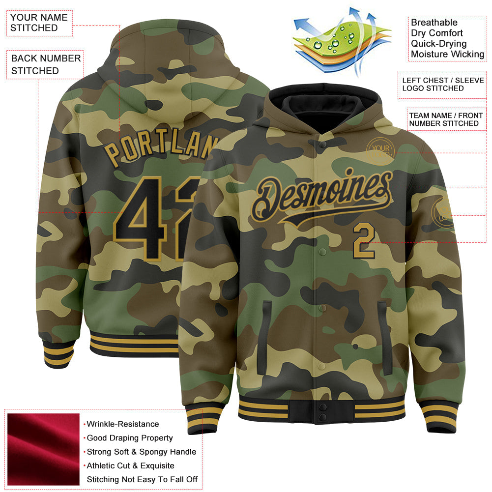 Custom Camo Black-Old Gold Bomber Full-Snap Varsity Letterman Salute To Service Hoodie Jacket view 3