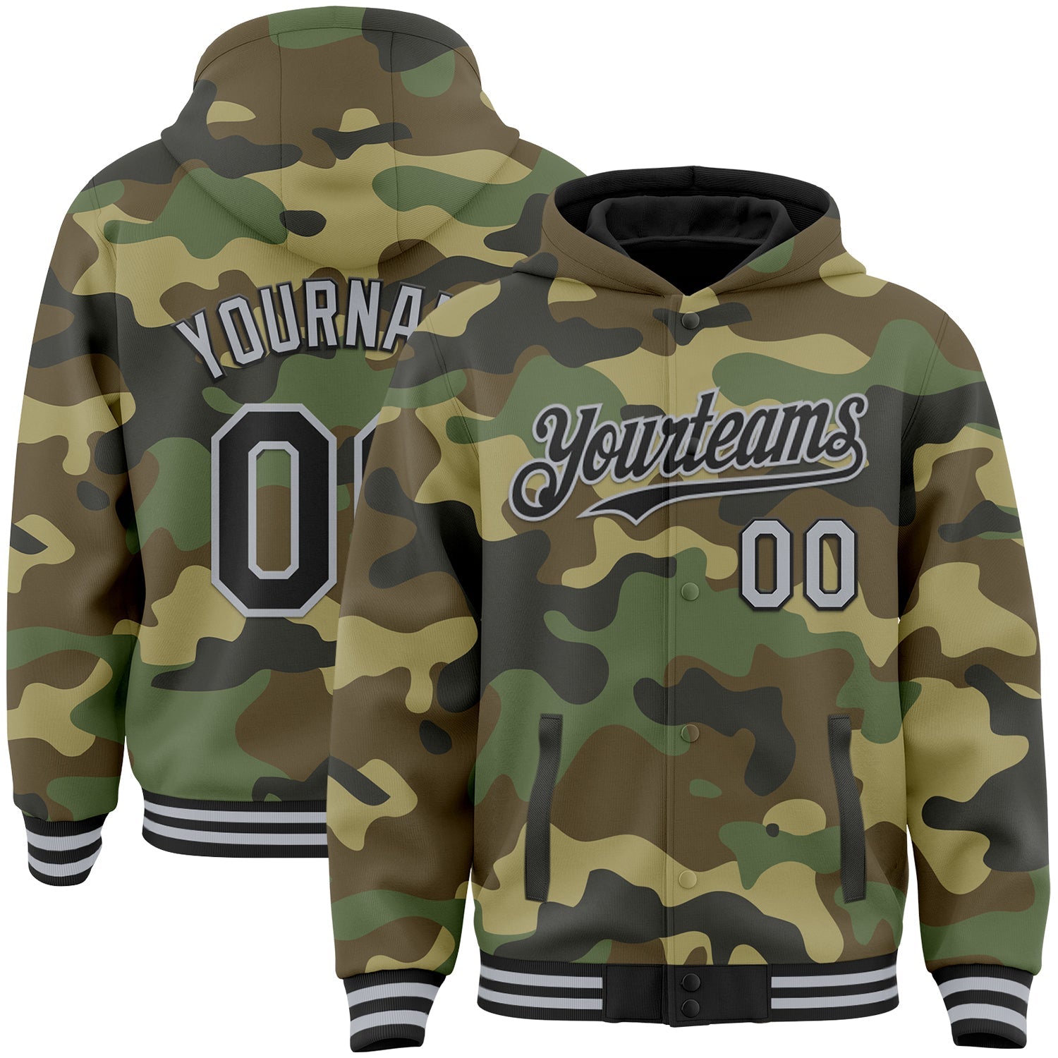 Custom Camo Black-Gray Bomber Full-Snap Varsity Letterman Salute To Service Hoodie Jacket - Main View