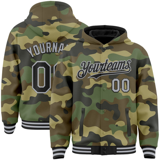 Custom Camo Black-Gray Bomber Full-Snap Varsity Letterman Salute To Service Hoodie Jacket - Main View