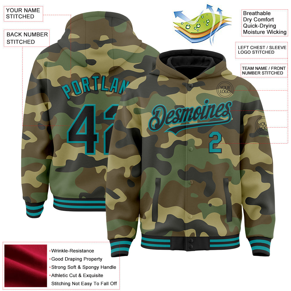 Custom Camo Black-Teal Bomber Full-Snap Varsity Letterman Salute To Service Hoodie Jacket view 3