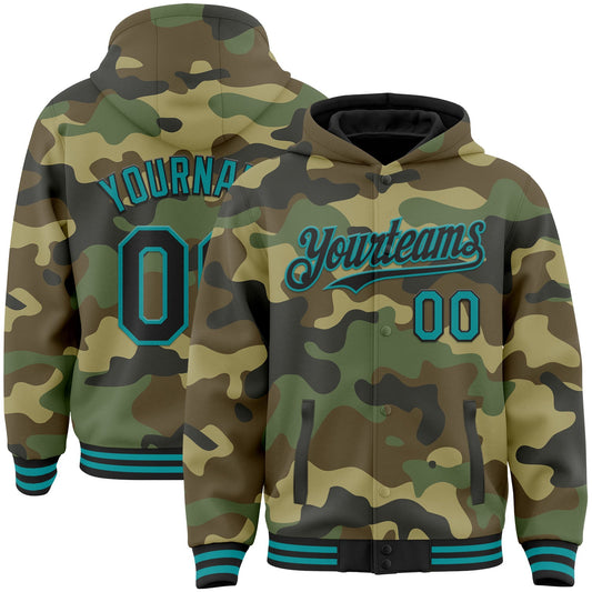 Custom Camo Black-Teal Bomber Full-Snap Varsity Letterman Salute To Service Hoodie Jacket - Main View